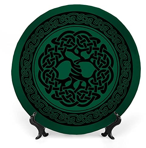 LIGUTARS Decorative Plates, Celtic Print Ornament, Monochrome Tree of Life Ancient Timeless European, 10 Inch, Kitchen Wall Decor, Forest Green Black