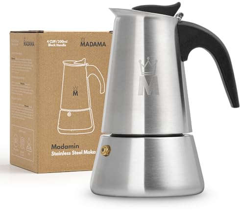 MADAMA - Cafetera Italiana de Acero Inoxidable Apta para Inducción, Gas y Vitrocerámica, Cafetera Moka de Acero Inoxidable. 4 Tazas - 200ml