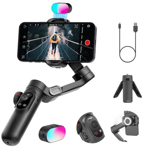 Gimbal-Stabilisator für Smartphone, RGB-Magnet-Nachfülllicht-Set, OLED-Display, LED-Licht-Fokusrad, professioneller 3-Achsen-Stabilisator für Android und iPhone, AOCHUAN XPRO Kit, Grau