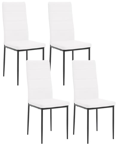 WOLTU Juego de 4 Sillas de Comedo,Piel Sintética,Blanco | Respaldo Alto, Tapizadas, con Patas de Metal, para Comedor, Salón, Dormitorio