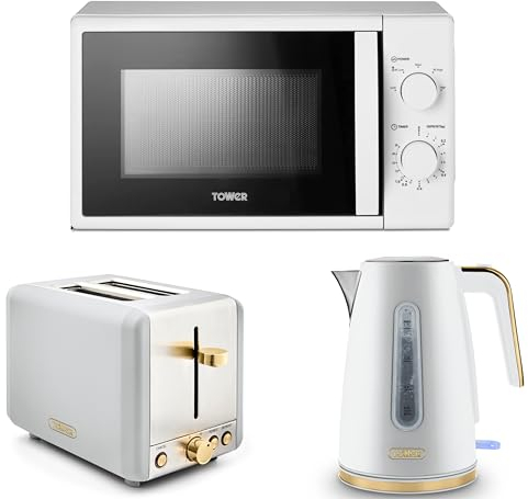Tower Cavaletto White 1.7L 3KW Jug Kettle, 2 Slice Toaster & T24034WHT 20L 700W Microwave. Contemporary Matching Kitchen Set