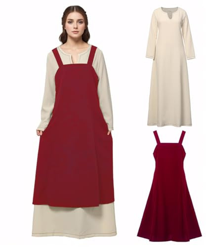 BPURB Abito tunica medievale vintage con bretelle e schiena incrociata nello stile vichingo, abito tunica con bretelle, costume da contadino per costumi, rosso, XXL