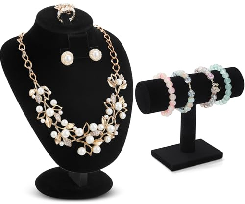 RattanView 2 Pcs Black Velvet Jewelry Display Set Necklace Mannequin Bust Stand T Bar Bracelet Holder for Retail Home Decor