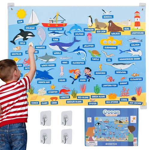 BONNYCO Lavagna di Feltro con 107 Figure di Animali Marini. Giochi Montessori e Regalo Compleanno Bambini dai 3-8 Anni. Pannello Sensoriale per Autismo, Giocattoli Educativi