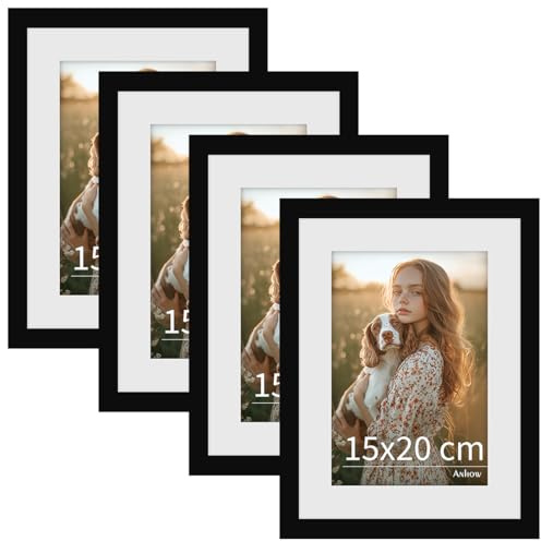 Anhow Set de 4 Marcos de Fotos 15x20 cm, Decoración del Hogar PVC Marcos de Fotos, Estilo Moderno para Exhibición en Pared o Mesa, Opción para Espacios de Arte, Oficinas y Hogares - Negro Mate
