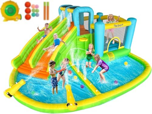 FBSPORT Castello Gonfiabile con Ventilatore 545 x 365 x 218 cm con Scivolo Trampolino Piscina Parete da Arrampicata, Piscina di Palline oceaniche Parco Acquatico per Bambini