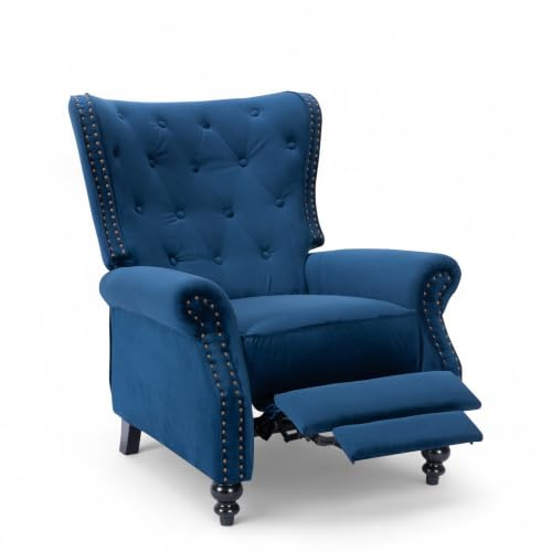 Stunning Chairs Velvet Blue Chesterfield Armchair – Wingback Recliner Chair with Wooden Legs, Fireside Chairs for Living Room & Elderly, High Wing Back Arm Chair with Buttoned Back, Studs Detail
