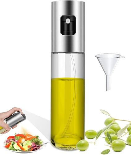 Oliera Spruzzatore Olio in Vetro, 100ml, Nebulizzatore per Cucina con Imbuto, Dispenser Spray per Olio d'Oliva, Aceto, Vino