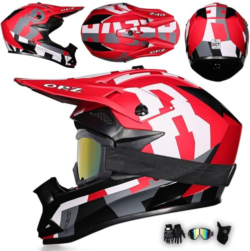 Casco da Motocross Integrale Moto con Occhiali Guanti Maschera, Bambini Adulti Casco Cross E Downhill Casco MTB MX Enduro Uomo Donna Caschi Moto per ATV Dirt Bike Scooter,Red-XXL