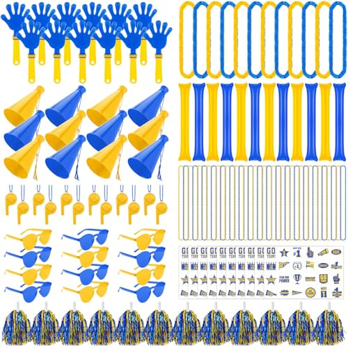 Soulchen 360 Pcs Yellow and Blue Team Spirit Accessories Bulk Spirit Day Pep Rally Accessories Sporting Events Party Cheerleading Pom Poms Hand Clappers Thunder Stick Whistle Megaphone