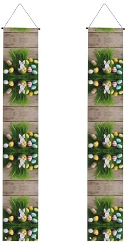 Easter Egg Bunny Grass Wooden Print Fall Porch Banner,Polyester Banners,Indoor Outdoor Use,Easy To Hang Reusable