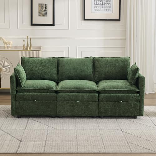 80 Cloud Modular 3 Seater Sofa with Storage, Modern Upholstered Storage Sofa Couch Deep Seat, Sectional Sofa Chenille Comfy Couch with Armrests for Living Room, Small Space, Green