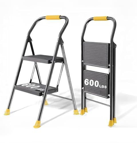 Foldable Step Ladder Folding Stool - 2 Stepping Extension Tall Heavy Duty with Handrails for Home Adults Kitchen - Extendable Stepladder Closet Stepstool Stair Ladders for Indoor House 600Lbs