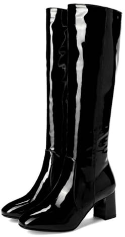 WOkismD Botas de Cuero Charol con Cremallera hasta la Rodilla y tacón Alto de 6 cm para Mujer,Negro,36 EU