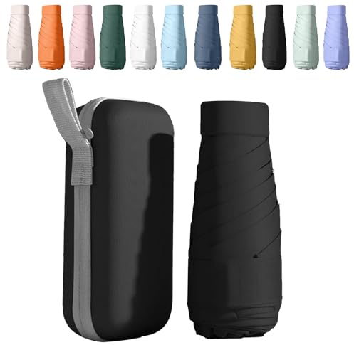 BICUIYIT Ombrello Da Viaggio Pieghevole | Mini Ombrello Tascabile Piccolo Da Borsa Con Custodia | Per Sole e Pioggia, Antivento e Impermeabile | Leggero e Compatto (Nero)