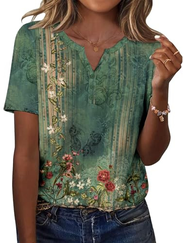Zeagoo Camisetas Manga Corta Mujer Verano Cuello V Blusas Túnica T-Shirt | Moda Casual Basicas Camisa Elegante Ligero Elástica Tops S-XXL