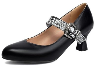 Generico Décolleté Mary Jane Donna Stampa Serpente Cinturino con Fibbia Tacco Kitten Punta Tonda Tomaia Liscia Scarpe Eleganti Comode per Moda E Festa,Nero,43 EU