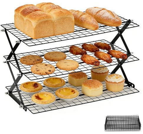 Vurlexat 3-Tier Collapsible Cooling Rack for Baking, Non-Stick Cooler Rack | Heavy-Duty, Metal Material, Non-Stick Wire Cake Rack, Space-saving, Foldable Cooler Rack for Muffin, Cookies, Pizza
