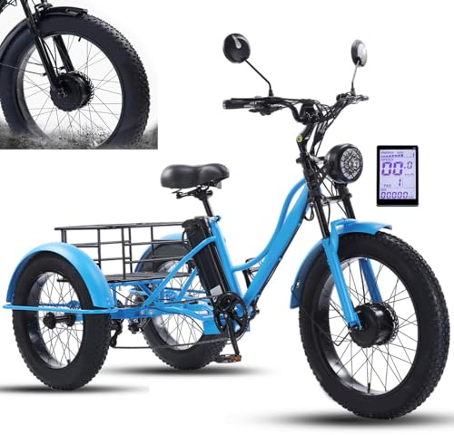 Triciclo elettrico con pneumatici larghi, 7 velocità, per anziani e adulti, pneumatici larghi 24 * 4.0'', autonomia di 65 km, ampio cestino, display LCD.