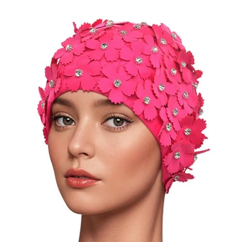 Medifier Bonnet de bain pour femme Style rétro floral à strass, femme, rose rouge, taille unique
