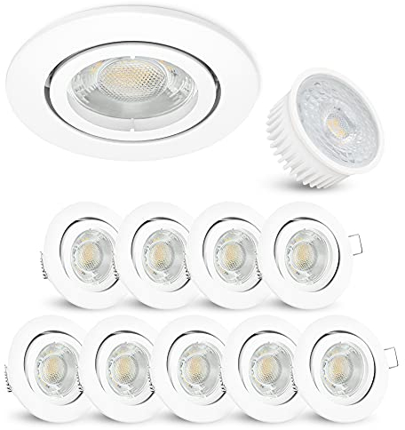 linovum 10x LED extra flache Einbauleuchte Set Form rund schwenkbar weiß lackiert | Einbaustrahler Set mit LED Module 4W Spot warmweiß