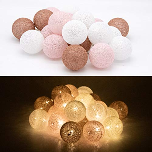 TRONJE Ghirlanda Luminosa con 20 LED Sfere di Cotone Ø6 cm - 3,8 m Fata Luci a Batteria - Catene a Palline Luminose con 4h Timer - Marrone-Rosa