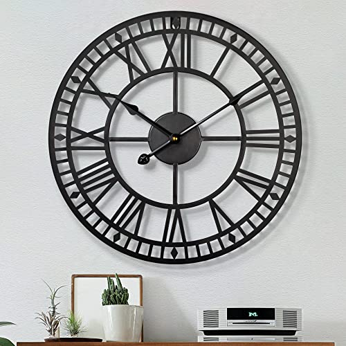 HAITANG Large Metal Iron Retro Wall Clock Silent Non-Ticking Battery Operated Vintage Metal Roman Numerals Round Modern Clocks For Living Room Decor -Black 60cm