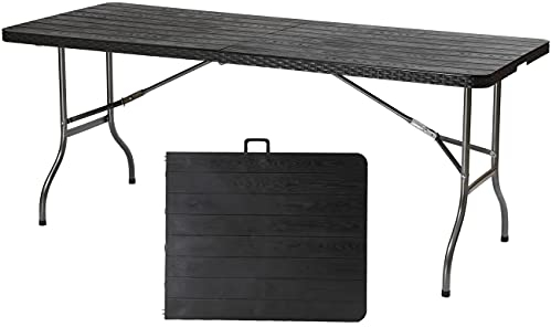 Sekey Garden Folding Table 6ft Bistro Garden Furniture, Rattan Look Plastic Outdoor Patio Camping Portable Foldable Table for Backyard, Durable Heavy Duty Steel Frames, Black