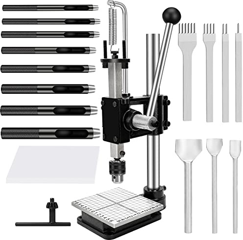 Leather Press Leather Hole Puncher Upgraded Hand Punching Machine for DIY Leather Craft Punching Holes Cutting, Forming Pressing,Install Rivets and Snap Buttons(with Aluminum Plate and 16pcs Tools)