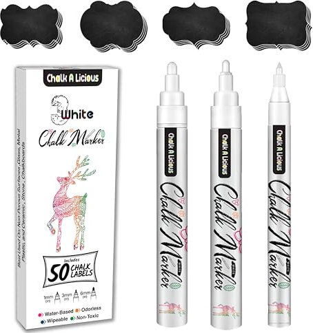 Chalk A licious 3x White Chalk Pens for Blackboards with 50 Black Labels - Liquid Chalk Markers - 1x(1mm,3mm,6mm) - Reversible Tips Bullet & Chisel
