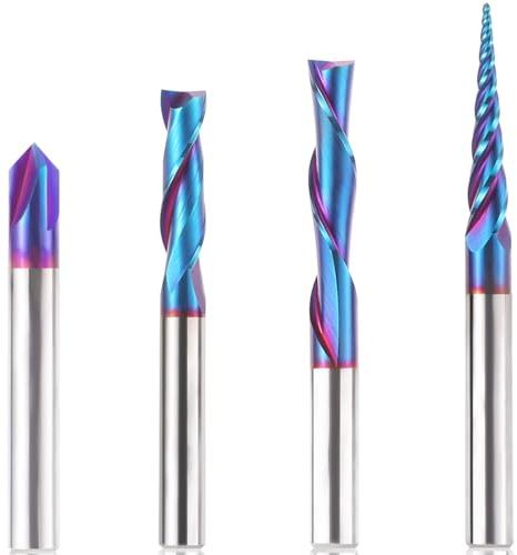 HQMaster 4 Pcs CNC Router Bits Set 1/4” Shank Tungsten Carbide Multiple Uses Router Bit End Mill for Woodworking Detail Carving Trimming V Groove Engraving Sign Making Grooving Slots and Mortises