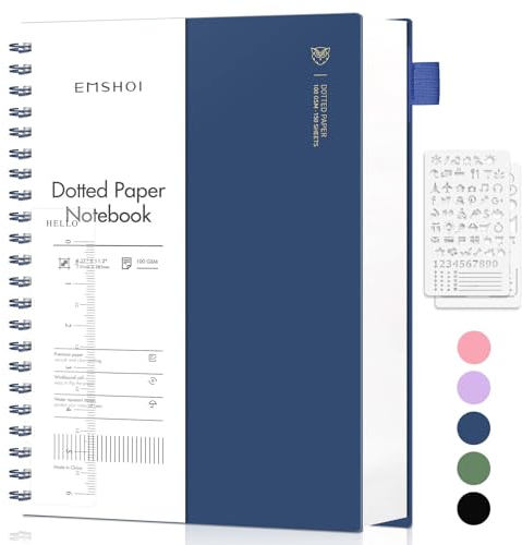 EMSHOI Notizbuch A4 Gepunktet, Bullet Dotted Journal, Spiral Notizblock 300 Seiten/150 Blatt, 100 g/m² Papier, PVC Hardcover. Ideal für Damen, Herren, Büro & Schule, 21.5 x 27.9 cm - Blau