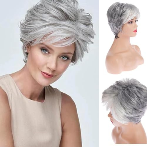 Parrucca Corta Grigia Bianca Donna Pixie Cut Parrucca Frangia Naturale Capelli Sintetici Parrucca Quotidiana