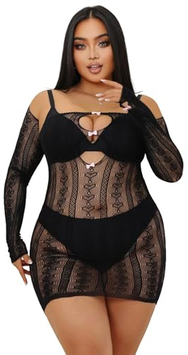 ohyeahlady Plus Size Mini Bodypacking Mesh Slipa Klänning Kort Disco Klänning Lång Ärm Elegant Festminiklänning Kurviga Underkläder Korta Klänningar Babydoll Bodystocking, Svart, XS-M