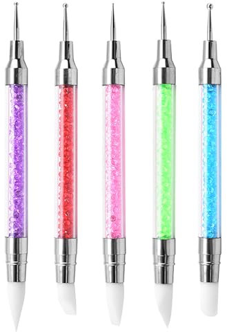 iCovalescent 5 Stück Silikonpinsel, Dotting Tools, Doppel Köpfe Maniküre Werkzeug, Silikon Modellierpinsel Set für DIY Nail Art Design