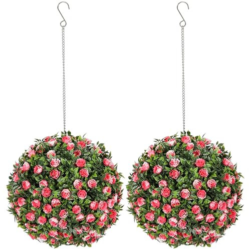 HOMCOM Set of 2 Decorative Artificial Plants, UV-protected Artificial Plant Topiary Rose Balls, Fake Plants for Home Indoor outdoor Decor, 28cm, Pink