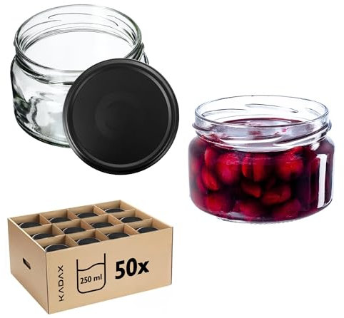 KADAX Lot de 50 bocaux à confiture de 250 ml avec couvercle à visser Ø 82 mm en noir mat – Hermétiques, passent au lave-vaisselle, idéaux pour confitures, chutneys, légumes marinés, viandes, tartes et