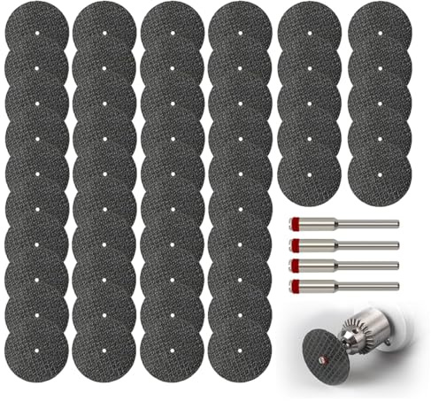 SANTUO 54Pcs Rotary Tool Cutting Discs Set for Dremel 3mm Cutting Discs Fiberglass Reinforced Cut Off Wheels with 4Pcs Mandrels for Dremel Metal Wood Stone Cutting