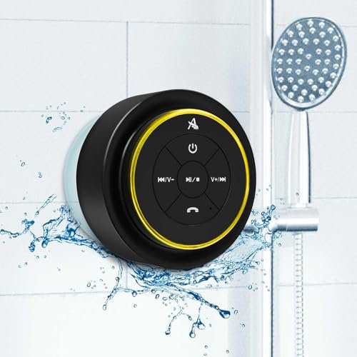 Xleader, Verbesserter Dusch-Lautsprecher, zertifizierter IPX7 wasserdichter Bluetooth-Lautsprecher mit Saugnapf und Hakenclip, eingebautem Mikrofon, Kristall-Sound und satter Bass, bis zu 12 Stunden
