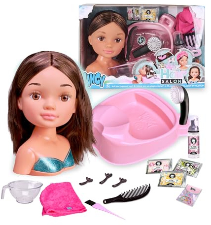Nancy Hair Salon, Testa capelli castani, lavatesta che funziona per davvero,accessori per poter creare acconciature, per bambine/I da 3 anni, Famosa (NACB2000)