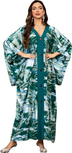 Beach Cover ups Caftan Women's Wave Point v Neck Caftans Rayon Ethnic Print Plus Size Caftan Over Sized Half Sleeve Kaftan (1146-12, One Size)