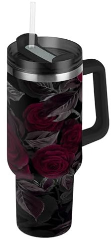 RPLIFE Vaso aislado de acero inoxidable con asa y pajita, diseño de rosas de color borgoña y acuarela de 30 onzas, para hombres y mujeres