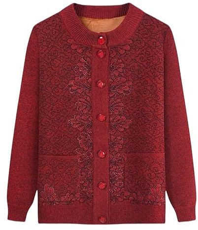 Generico Cardigan Invernale Spesso e Caldo per Nonne - Cardigan Foderato in Pile da Donna, Giacca in Maglia per Mamme Anziane di Mezza età, Classico Maglione Invernale per Vecchie Signore, Rosso XXL