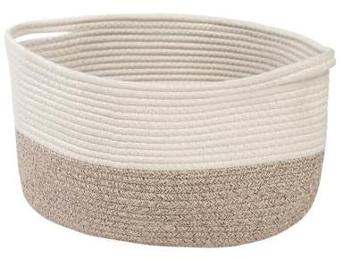 Pomodee Cesto Portaoggetti Intrecciato,Cesto di Stoccaggio Intrecciato con Manici,Cesto Portaoggetti Intrecciato in Corda di Cotone per Bagno,Cameretta,Salotto,Ufficio,34 x 28 x 24 cm,Bianco Marrone