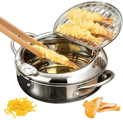 Freidora Japonesa de Acero Inoxidable 304 con termómetro y Rejilla para escurrir Aceite. Compatible con cocinas de Gas y cocinas de inducción 11.41 × 8.27 × 5.51 in