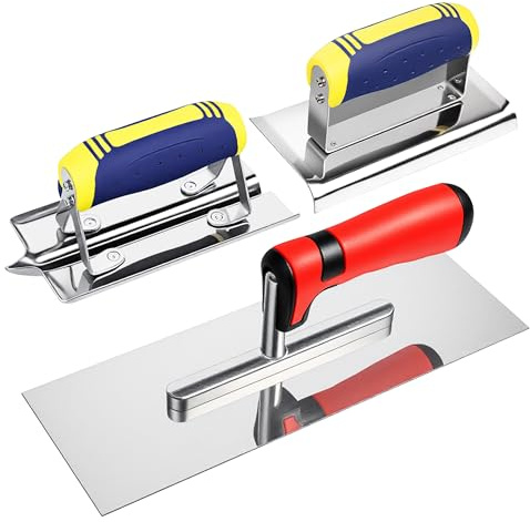 3Pcs Stainless Steel Concrete Tools Set, Flat Finishing Trowel, Concrete Hand Edger, Groover with Soft Grip, Masonry Building Plaster Stucco Cement Kit