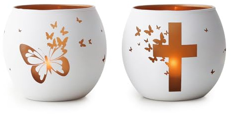 Regalos religiosos para hombres y mujeres, juego de 2 portavelas de cruz de mariposa, bautizo cristiano, confirmación y recuerdo conmemorativo, centro de mesa de Pascua blanco y decoración espiritual