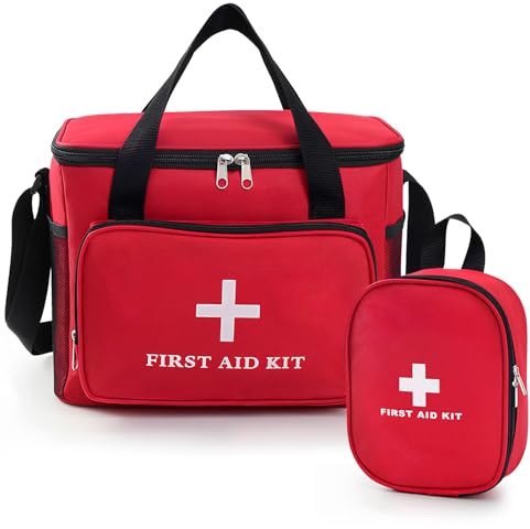2 Piezas Botiquin de Primeros Auxilios, Bolsa Botiquin Viaje Gran Capacidad, Kit de Primeros Auxilios con Correa, Maletin Medico Multiusos, Botiquín para Viajar Casa Oficina Viajes, Rojo