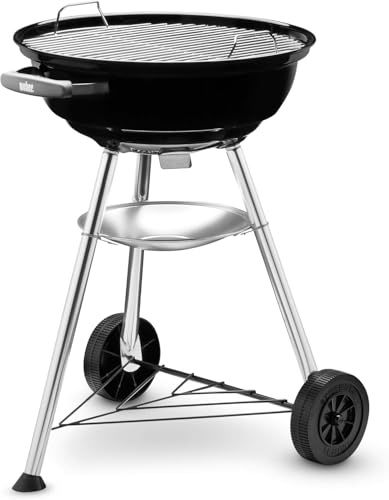 Weber Compact Kettle Barbecue a Carbone 47 cm Nero con Supporto a 3 Gambe e Ruote + Bricchette Weber 4 kg + Spugna Omaggio Kit Gallik