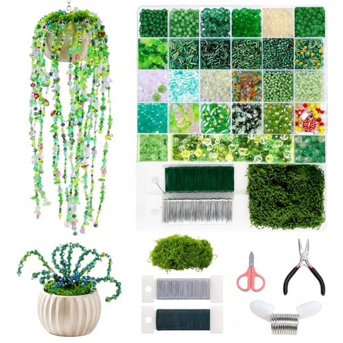 5422 stycken för alltid planta pärlset, gröna glaspärlor för pärlväxter DIY, solfångare dekorativt set med blad och blompärlor, mossa, blomtråd och pärlstopp (utan kruka och skumblock) (grön)